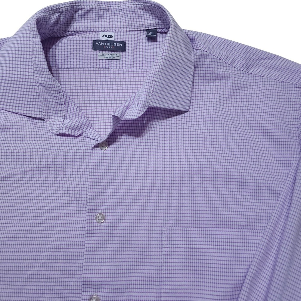 Van Heusen Dress Shirt Mens 18 34/35 2XL Purple Check Stretch Button Up
